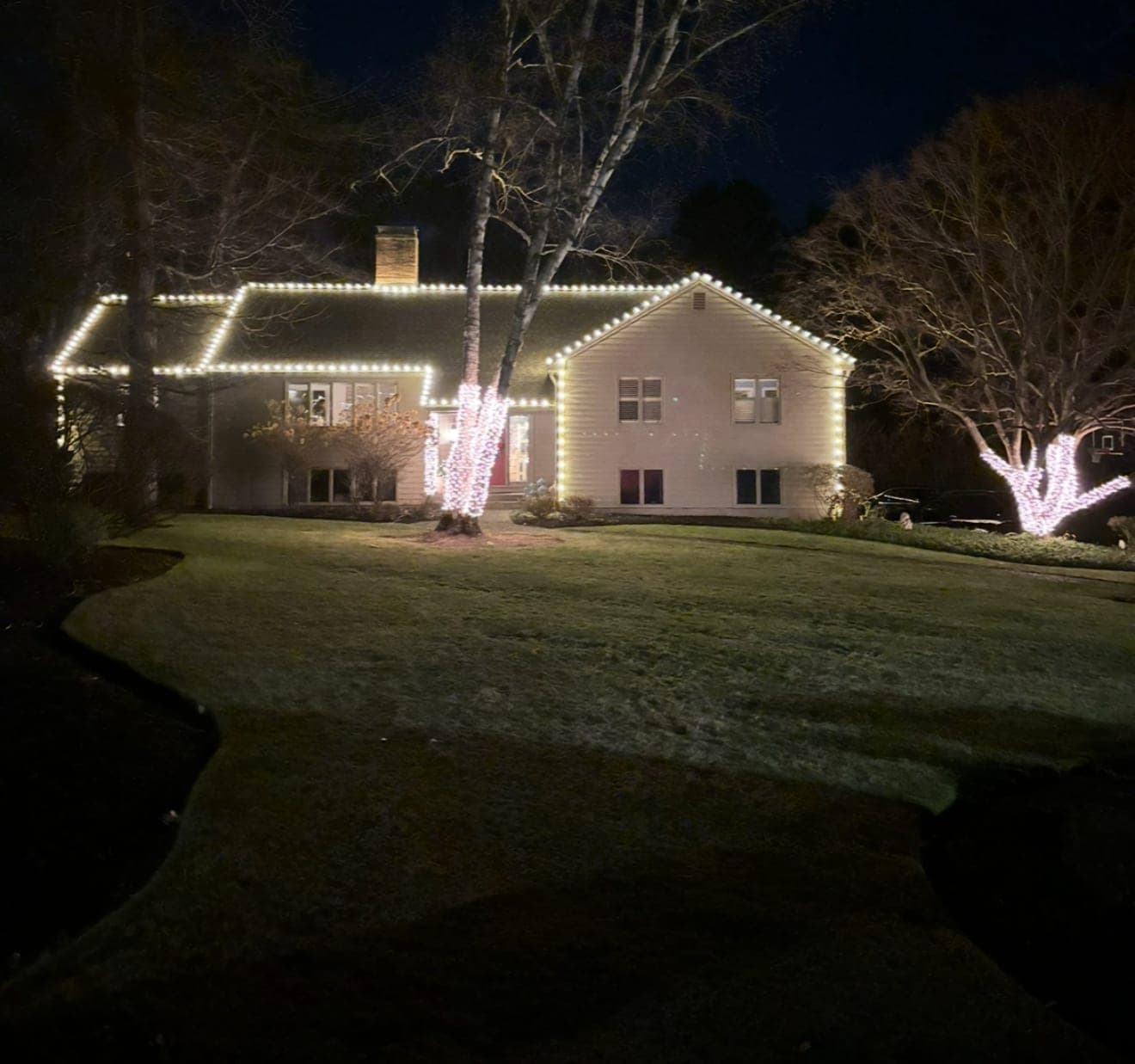 Home with warm-white roofline lights and two tree trunks wrapped in mini lights across a wide lawn